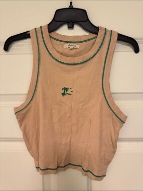 Sleeveless Beige Crop Tank Top with Green Trim and Embroidered Palm